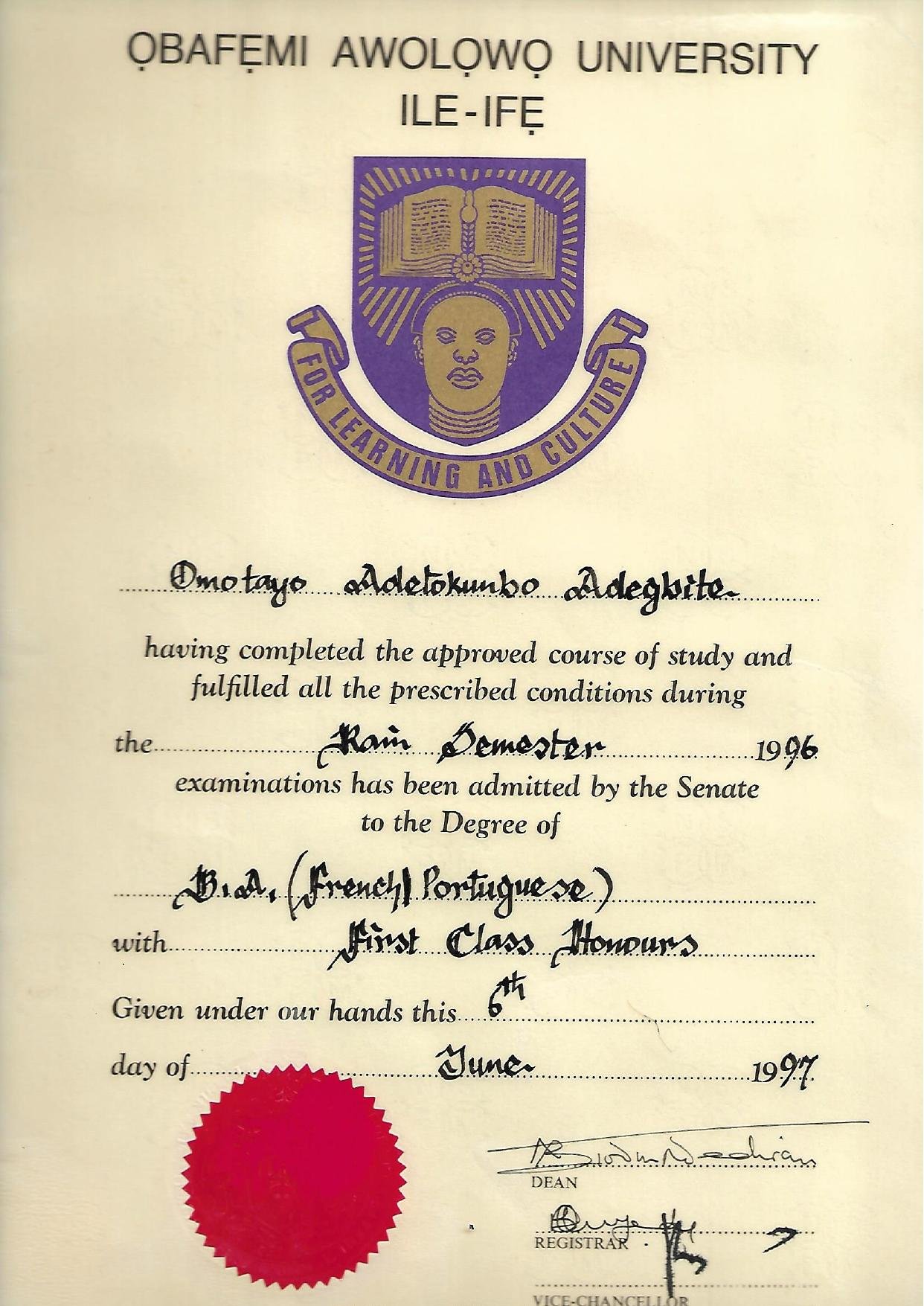 Obafemi Awolowo University degree certificate awarding Omotayo Adetokunbo Adegbite a B.A. in French/Portuguese with First Class Honours, 1997